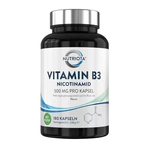 Produktbild: Vitamin B3 Nicotinamid 500 mg - 180 Hochdosiert Niacin-Kapseln ohne Flushing-Effekt (Flush Free) - Veganes Nicotinsäureamid Vitamin B3