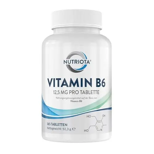 Produktbild: Vitamin B6 12,5mg | 365 hochwirksame vegane Tabletten | Trägt zu einem gesunden Stoffwechsel, einer normalen Funktion des Nerven- und Immunsystems bei | Trägt zum Abbau von Müdigkeit bei Von Nutriota