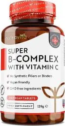 Produktbild: Vitamin B Komplex Hochdosiert mit Vitamin C - 365 Vegane Tabletten - 8 B-Vitamine B1-B2-B3-B5-B6-B12 mit Biotin und Folsäure - Reduziert Müdigkeit und Erschöpfung - von Nutravita