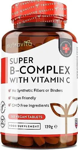 Produktbild: Vitamin B Komplex Hochdosiert mit Vitamin C - 365 Vegane Tabletten - 8 B-Vitamine B1-B2-B3-B5-B6-B12 mit Biotin und Folsäure - Reduziert Müdigkeit und Erschöpfung - von Nutravita