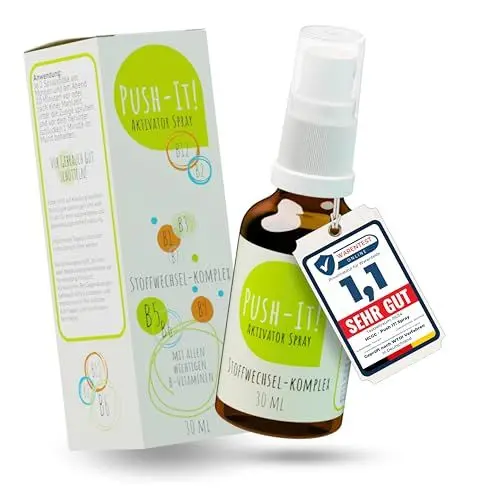 Produktbild: Vitamin B Komplex Spray (30ml) | Push IT! Spray | Alle 8 B Vitamine enthalten | Vitamin B6, B1, B2, B3, B5, B7, B9, B12 | Vitamin B Komplex hochdosiert | Stoffwechsel Kur | Nahrungsergänzungsmittel
