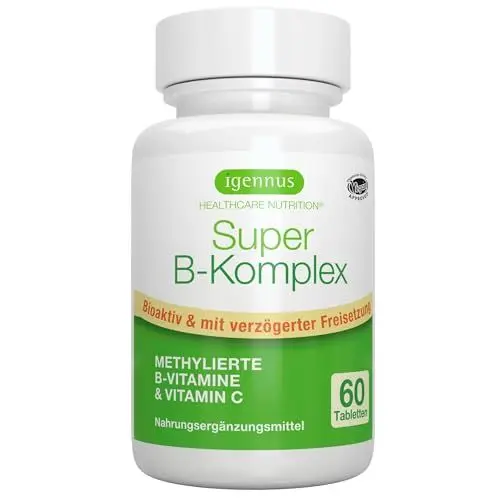 Produktbild: Vitamin B Komplex Hochdosiert - Methylierte B Vitamine mit Folat, B6, B1 & B12 - alle 8 in bioaktiven Formen plus Vitamin C, Depotwirkung, vegan, 60 Tabletten, von Igennus