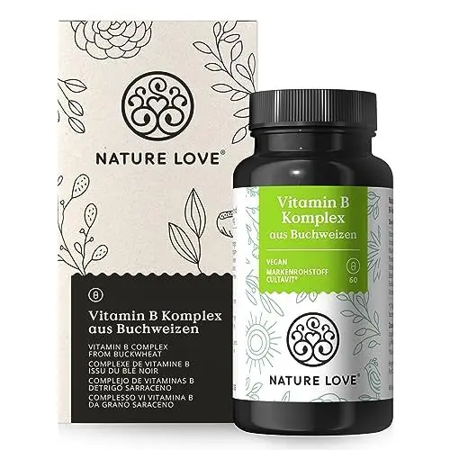 Produktbild: Vitamin B Komplex aus Buchweizen - 60 Kapseln - Natürliche B-Vitamine - Hochdosiert: 120% des täglichen Bedarfs an Vitamin B1, B2, B3, B5, B6, B7 (Biotin), B9 (Folsäure) und B12 - vegan, laborgeprüft
