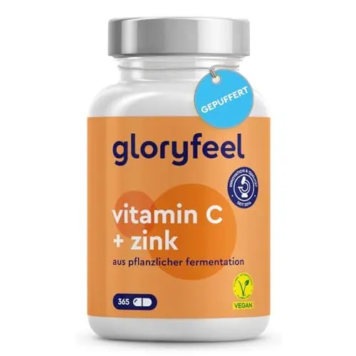 Produktbild: Vitamin C 365 Kapseln - Hochdosiert mit 1000mg + 20mg Zink - Pflanzlich fermentiert & gepuffert (pH-neutral, säurefrei, magenschonend) - Laborgeprüft, vegan ohne Zusätze hergestellt