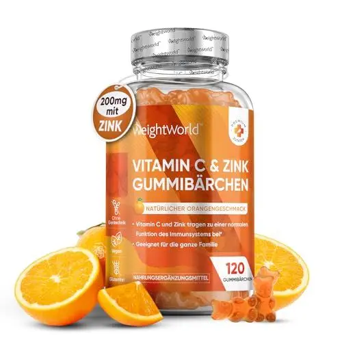 Produktbild: Vitamin C Gummibärchen - 200mg Vit C mit 6mg Zink - 120 Vegane Gummies - L-Ascorbinsäure & Zinkcitrat mit Natürlicher Orangengeschmack - WeightWorld