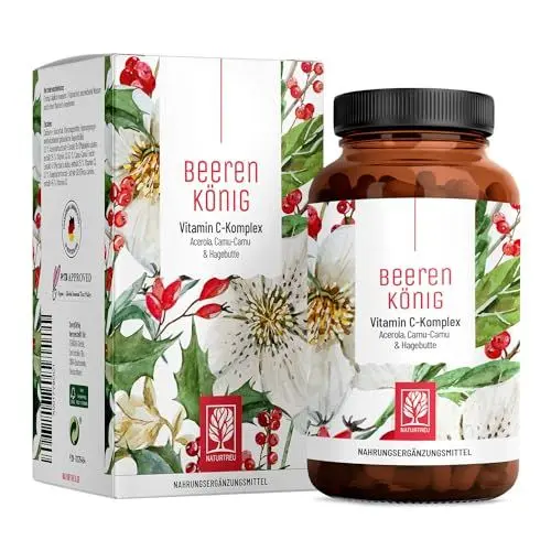 Produktbild: Vitamin C Komplex 180 Kapseln natürliches Vitamin C hochdosiert aus Acerola, Hagebutte & Camu Camu - Natürlich, pflanzlich, vegan und ohne Zusätze - 6 Monatsvorrat