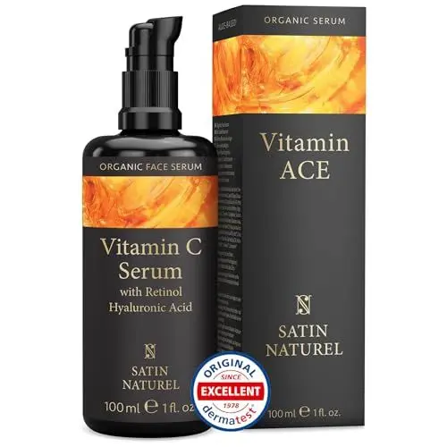 Produktbild: Vitamin C Serum hochdosiert 100ml mit Retinol + Hyaluron - Für Glow, gegen dunkle Flecken, Anti Falten - Allrounder Serum Gesicht - Für jede Haut geeignet - 100% Vegan Skincare - Satin Naturel