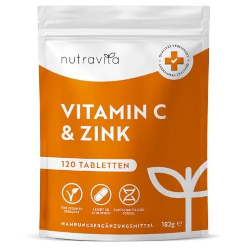 Produktbild: Vitamin C & Zink - 120 Tabletten - Hochdosiert mit 1000mg Vitamin C + 20mg Zink - Laborgeprüft, vegan & optimal bioverfügbar - ohne unnötige Zusatzstoffe - Unterstützung des Immunsystems - Nutravita