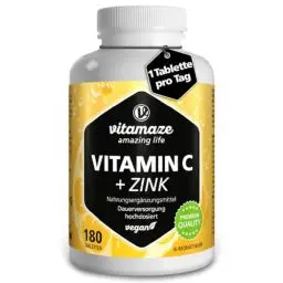 Produktbild: Vitamin C hochdosiert 1000 mg + Zink, vegan & optimal bioverfügbar, 180 Tabletten für 6 Monate, Natürliche Nahrungsergänzung ohne unnötige Zusatzstoffe, Made in Germany