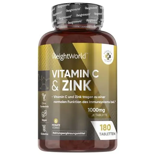 Produktbild: Vitamin C mit Zink Tabletten - 1000mg - 6 Monate Vorrat - Für Immunsystem, Energie, Knochen, Haut & Stoffwechsel (EFSA) - 180 vegane Tabletten - Alternative zu Kapseln & Pulver - Vit C von WeightWorld