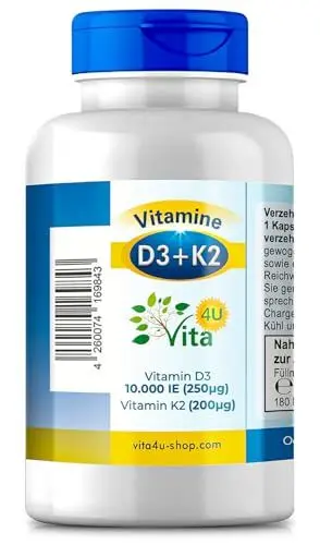 Produktbild: Vitamin D3 10.000 IE + K2 200 μg Depot | 180 Premium Kombi-Kapseln | vegan & hochdosiert | Vitamin D3 + K2 Kapsel von Vita 4U