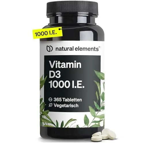 Produktbild: Vitamin D3 1000 I.E. – 365 Tabletten im Jahresvorrat – Vitamin D für Knochen und Immunsystem – hochdosiert, ohne unnötige Zusätze – in Deutschland produziert & laborgeprüft