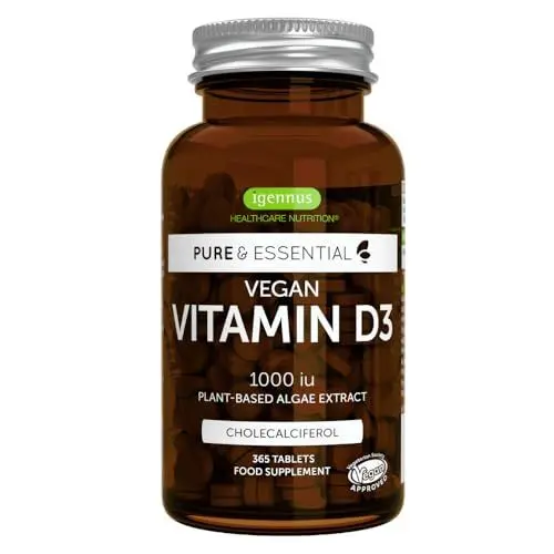 Produktbild: Vitamin D3 1000 IE vegan, 1 Jahresvorrat, Cholecalciferol, 100% pflanzlich aus Algenextract, 365 Tabletten, von Igennus