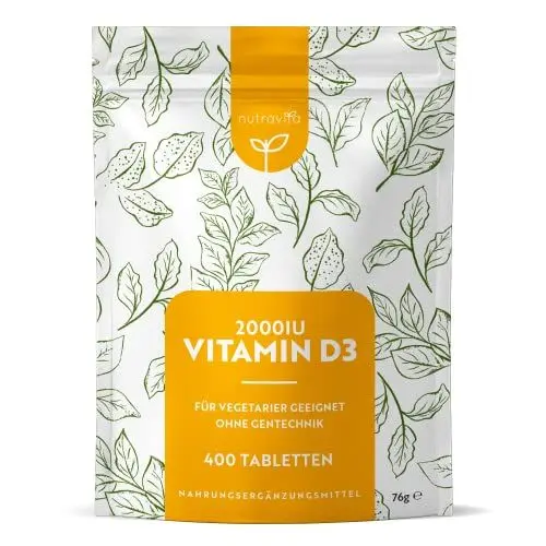 Produktbild: Vitamin D3 2000 I.E - 400 Tabletten (1+ Jahr) - Vegetarisch - Hochdosiert Sonnenvitamin für Immunsystem, Knochen, Zähne & Muskeln - Vitamin D Hochdosiert - Laborgeprüft Cholecalciferol - Nutravita