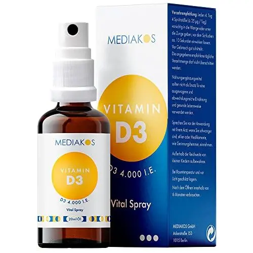 Produktbild: Mediakos® Vitamin D3 Spray mit MCT-Öl - Hochdosiertes & Geschmacksneutrales Vitamin D Präparat - Sonnenvitamine für Immunsystem, Zähne, Muskeln und Knochen (20ml)