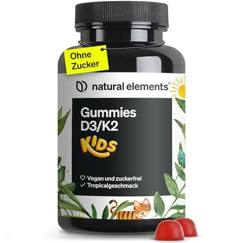 Produktbild: Vitamin D3 K2 Gummies KIDS – 120 fruchtige Gummies – vegan, zuckerfrei – Tropicalgeschmack – Markenrohstoff K2VITAL® – optimale Dosierung für Kinder – in Deutschland produziert & laborgeprüft