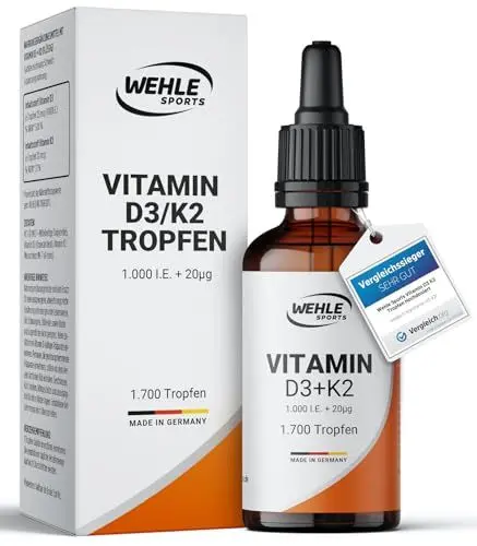 Produktbild: Vitamin D3 K2 Tropfen Hochdosiert (1000 IE) - Vit D3 K2 Hochdosiert - Vitamin D K2 - Vitamin D3 K2 Öl - Vitamin D3 K2 1000 IE - 50ml 1700 Tropfen - Hoch Bioverfügbar - LABORGEPRÜFT Wehle Sports®