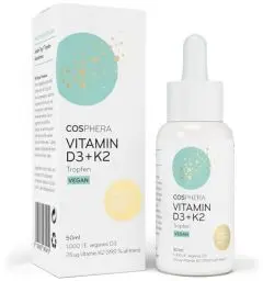 Produktbild: Vitamin D3 K2 Tropfen hochdosiert & vegan - 1.000 IE D3 + 25µg K2 MK7 (99,9% all-trans) + MCT-Öl - Sonnenvitamin D (Cholecalciferol) für Knochen und Immunsystem - 50 ml flüssig ohne Zusätze