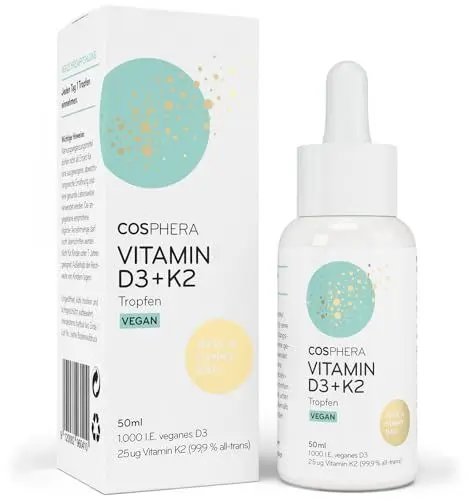 Produktbild: Vitamin D3 K2 Tropfen hochdosiert & vegan - 1.000 IE D3 + 25µg K2 MK7 (99,9% all-trans) + MCT-Öl - Sonnenvitamin D (Cholecalciferol) für Knochen und Immunsystem - 50 ml flüssig ohne Zusätze