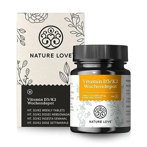 Produktbild: Vitamin D3 K2 Wochendepot - 180 vegane Tabletten - 7000IE D3 + 140µg K2 pro Tablette mit >99,7% all-trans - Hochdosiert & vegan - Laborgeprüft, in Deutschland produziert