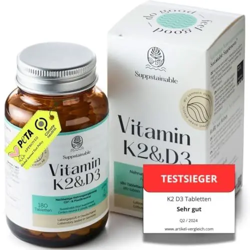 Produktbild: Suppstainable Vitamin D3 + K2 Tabletten – hochdosiert 5000 I.E. (125 µg) D3 & 100 µg K2 – für Knochen & Immunsystem – nachhaltige Verpackung – vegan, tierversuchsfrei, laborgeprüft