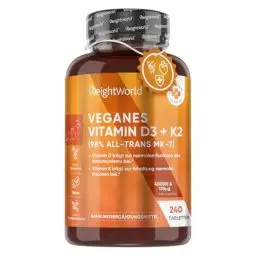 Produktbild: Vitamin D3 + K2-4000 I.E. vegane Tabletten - 240 Stück mit 125μg Vitamin K2 Menachinon - 1 Tablette/4 Tage - 98% All-Trans K2 MK7 - Für Knochen, Immunsystem & Muskeln - Sonnenvitamin - WeightWorld