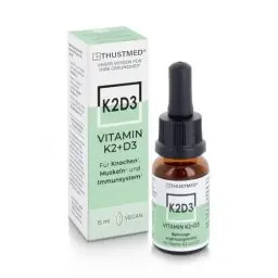 Produktbild: Vitamin K2+D3 - ausgewogene Kombination aus Vitamin K2 und D3-15 ml Flasche, täglich einen Tropfen einnehmen, hochdosiert, laborgeprüft, vegan, besonders rein, in Österreich produziert.