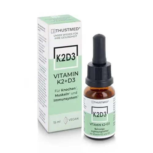 Produktbild: Vitamin K2+D3 - ausgewogene Kombination aus Vitamin K2 und D3-15 ml Flasche, täglich einen Tropfen einnehmen, hochdosiert, laborgeprüft, vegan, besonders rein, in Österreich produziert.