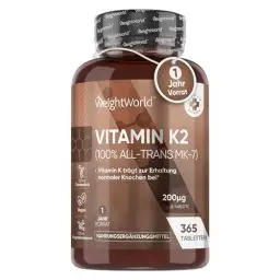 Produktbild: Vitamin K2 MK7-365 vegane Tabletten - 200µg je Dosis - 100% All-Trans Menaquinon - Für Blutgerinnung & Knochen (EFSA) - 1 Jahr Vorrat - Vitamin K Präparate - Alternative zu Tropfen - WeightWorld