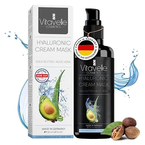 Produktbild: Vitavelle Hyaluronsäure Gesichtsmaske Aloe Vera & Avocado Öl - Intensiv Gesichtspflege Face Mask mit Aloe Vera - Gesichtsmasken mit Glättungseffekt - Anti-Aging Gesichtspflege mit Hyaluron