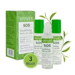 Produktbild: Vitayes SOS Teebaumöl Roller, Vitamin B5, gegen Akne flecken, Kratzer, Hautentzündungen, beruhigender Roll-on Stift, Pickel, unreine Haut, Vegan, gegen Hautrötungen, 3x 10ml