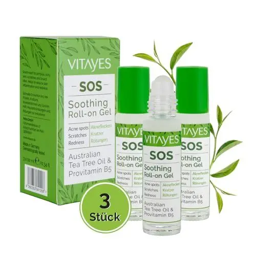 Produktbild: Vitayes SOS Teebaumöl Roller, Vitamin B5, gegen Akne flecken, Kratzer, Hautentzündungen, beruhigender Roll-on Stift, Pickel, unreine Haut, Vegan, gegen Hautrötungen, 30ml