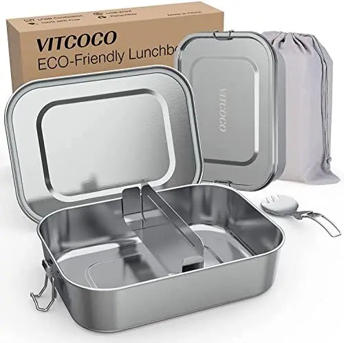 Produktbild: VITCOCO® Brotdose Edelstahl mit Fächern, Lunchbox Auslaufsicher 800ml, Brotzeitdose mit Trennwänd, Brotdosen Metall für Erwachsene & Kinder