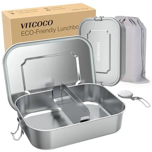Produktbild: VITCOCO Lunch Box Bento Lunch Box Edelstahl Leakproof 1400 ml Lunchbox Kinder mit Fach – BPA-frei – Lunchbox für Picknick, Schule, Arbeit
