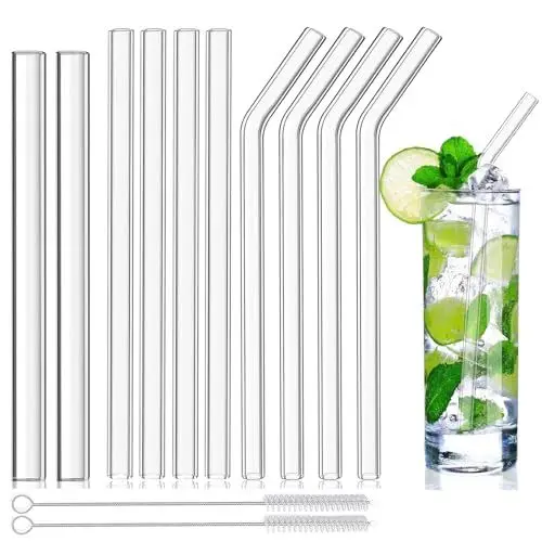 Produktbild: VITEVER 12 Pack Glas-Strohhalme, wiederverwendbare klare Trinkhalme, 4 gerade und 4 gebogene Strohhalme, 2 breite Smoothie-Strohhalme mit 2 Reinigungsbürsten
