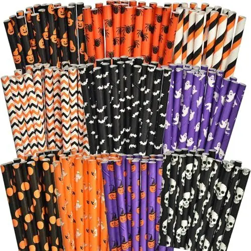 Produktbild: VITEVER 200 PCS Halloween Papier Strohhalme, Schwarz Weiß Lila Orange Biologisch abbaubare Trinkhalme mit Totenkopf, Totenkopf, Geist, Kürbis, Fledermäuse, Spinne Design für Halloween Party(10 Styles)