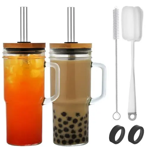 Produktbild: VITEVER 2pcs 710ML Becher mit Griff, Deckel und Strohhalm - wiederverwendbare Mason Jar Trinkgläser für Eiskaffee, Smoothies, Bier, Saft und Tee - mit 2 Bürsten(Black)