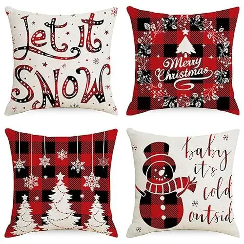 Produktbild: VITEVER 4er-Set Weihnachtskissenbezüge, 45x45cm, Frohe Weihnachten Rot deko, aus Baumwolle-Leinen, Kissenabdeckungen für Home Sofa Bett Couch