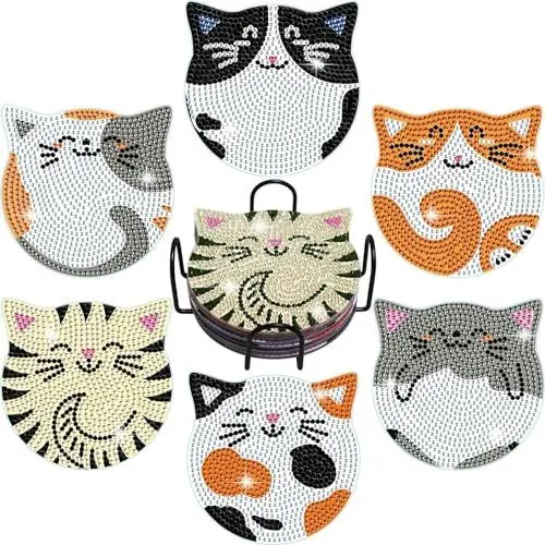 Produktbild: VITEVER Diamond Painting Untersetzer Mit Halter, Diamant-Untersetzer Kunst-Kits für Anfänger, Kinder, Erwachsene kleine Diamant-Malerei Craft Supplies (Katzen 6 Stück)