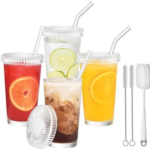 Produktbild: VITEVER Glasbecher mit Deckel und Strohhalm, 4er Pack, 375 ML Eiskaffeegläser, Bubble Tea Tassen, Transparente gestreifte Glas Trinkbecher für Milchshakes, Säfte, Smoothies