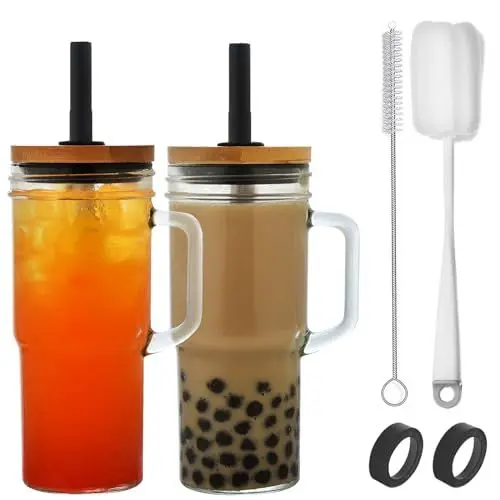 Produktbild: VITEVER Glasbecher mit Deckel und Strohhalm, 710ML Trinkgläser mit Griff, Silikonstiefel, Spitzen, Bürste, wiederverwendbare Eiskaffeebecher, Bubble Tee Smoothie Becher, 2 Pack - Schwarz
