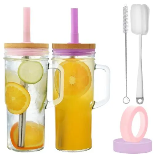Produktbild: VITEVER Glasbecher mit Deckel und Strohhalm, 710ML Trinkgläser mit Griff, Silikonstiefel, Spitzen, Bürste, wiederverwendbare Eiskaffeebecher, Bubble Tee Smoothie Becher, 2 Pack - Rosa+Lila