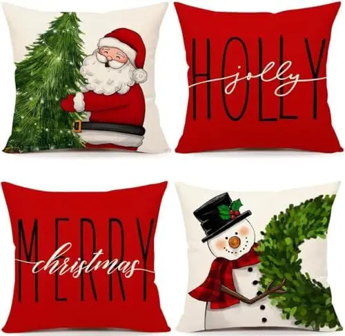 Produktbild: VITEVER Rote Weihnachtsmann Schneemann Weihnachten Kissenbezüge 4er Set, 45x45cm Winter Zierkissenbezug Couch Wohnzimmer Deko