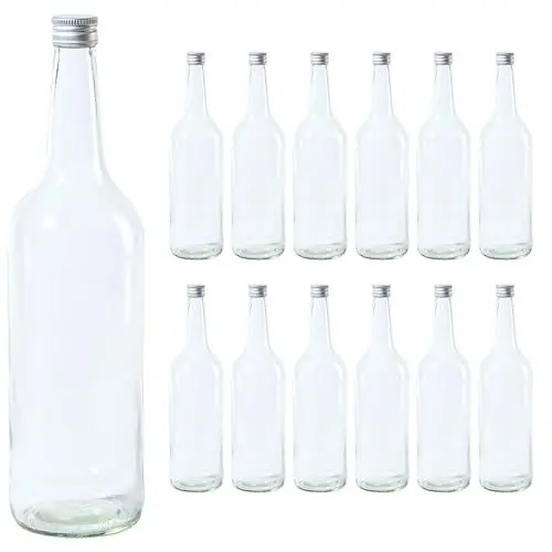 Produktbild: Vitrea 12 leere Glasflaschen 1 Liter Schraubverschluss Silber - große Flaschen zum Befüllen mit Deckel - für Wein, Saft, Getränke, Likör, Öl, Saucen - 12 Stück, PP28, Geradhals