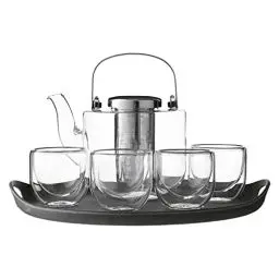 Produktbild: VIVA Scandinavia Teekanne mit Siebeinsatz, Glas Teekocher im Set mit 4 kleinen Tee-Tassen aus Borosilikat Glas und Serviertablett grau, Geschirrspüler-geeignet, Tropffrei, 0,75 Liter
