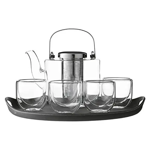 Produktbild: VIVA Scandinavia Teekanne mit Siebeinsatz, Glas Teekocher im Set mit 4 kleinen Tee-Tassen aus Borosilikat Glas und Serviertablett grau, Geschirrspüler-geeignet, Tropffrei, 0,75 Liter
