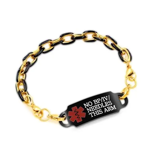 Produktbild: Vivaday Kein Nadeln-Armband, kein BP/IV gravierte Notfallkontakt-Armb盲nder, schwarzes Emaille personalisierte medizinische ID, wasserdichtes Diebstahlschutz Kubanisches Glieder-Handgelenkband