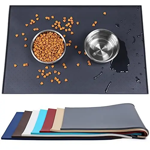 Produktbild: VIVAGLORY Hundefuttermatte, Katzenhund-Fütterungsmatte, Anti-Messy wasserdichte Futterfutter-Nahrungsnahrungs-Pet Schüssel Silikonmatten-Placemat mit erhöhter Kante, Schwarz, Groß (60x40cm)