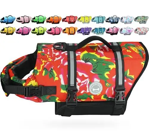 Produktbild: VIVAGLORY Ripstop Hunde Rettungsweste für Kleine Mittel Große Hunde Bootfahren, Hund Schwimmweste mit Verbesserter Auftrieb & Sichtbarkeit, Nordwest Blumen-Rot
