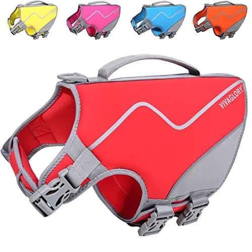 Produktbild: VIVAGLORY Schwimmweste für Hunde im sportlichen Stil, Strapazierfähige Haustier-Sicherheitsweste, Bequeme Neopren-Rettungswesten mit Klettverschluss, Rot, Medium